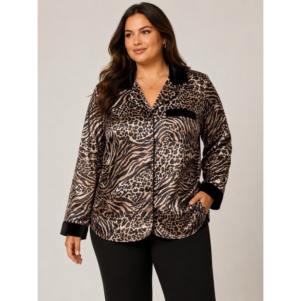 Vintage Amanda Stewart Cozy Wear 1X Animal Print Satin Pajama Top NWT Leopard‎